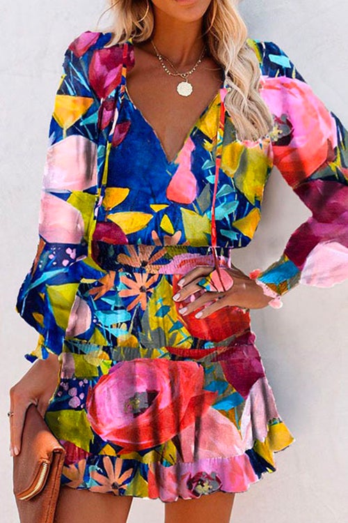 Drawstring V Neck Waisted Printed Dress Blue