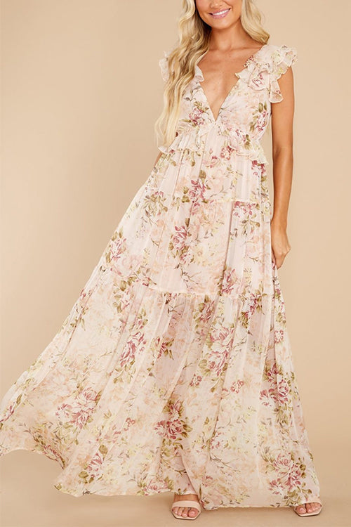 V Neck Ruffle Trim Bow Back Floral Print Flowy Maxi Dress