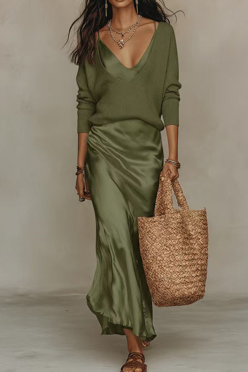 V Neck Drop Shoulder Sweater and Satin Maxi Cami Dress Set