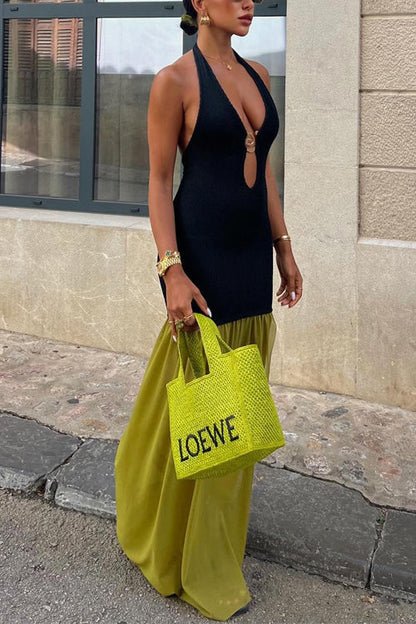 Rosiedress Neckholder-Maxikleid mit offenem Rücken, Cut-Out, Schlitz und Rüschen