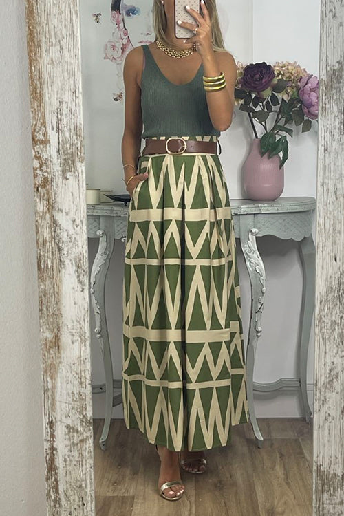 Rosiedress Pocketed Geometric Printed A-line Maxi Swing Skirt