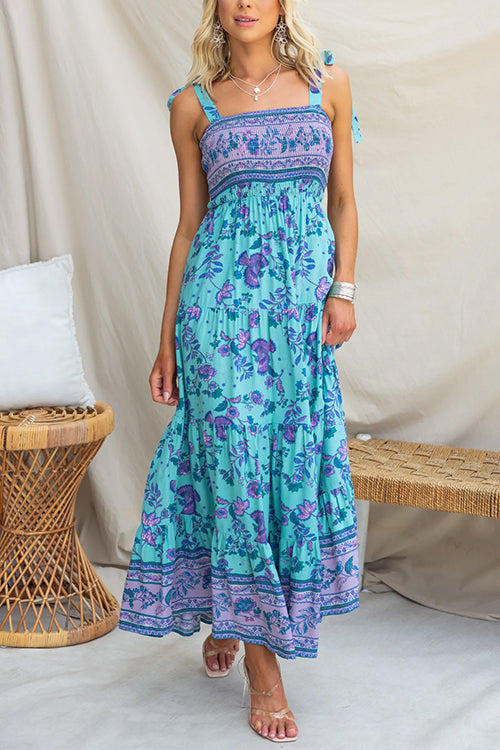 Tie Shoulder Smocked High Waist Tiered Floral Maxi Cami Dress Blue