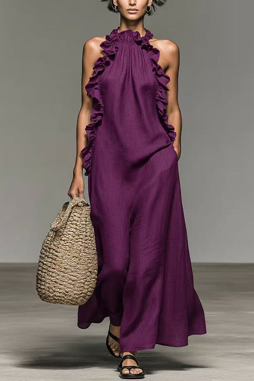 Sleeveless Linen Blend Ruffle Pocketed Maxi Dress