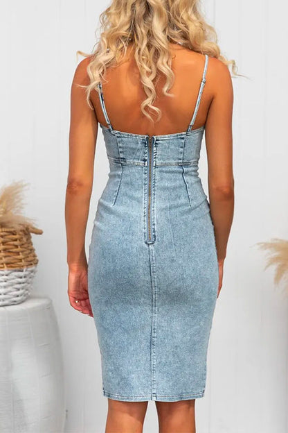 Back Zip Up High Waist Slit Denim Bodycon Cami Dress