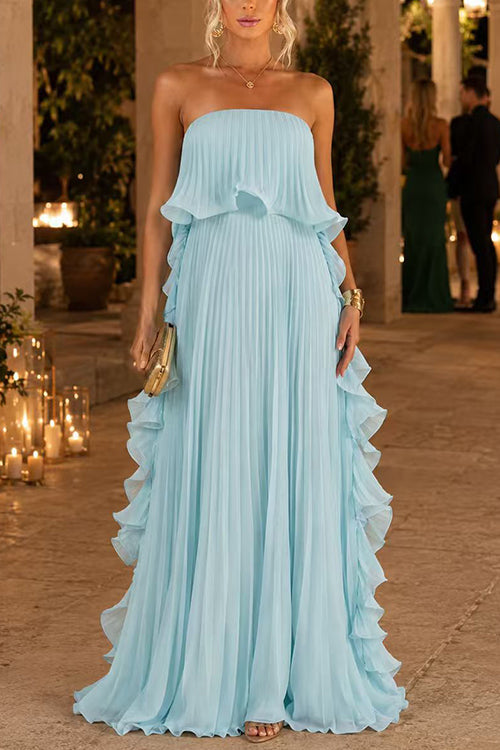 Strapless Tube Ruffle Pleated Swing Maxi Dress