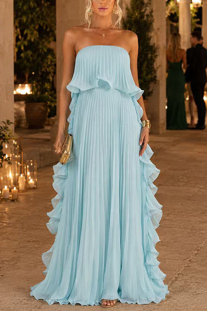 Strapless Tube Ruffle Pleated Swing Maxi Dress