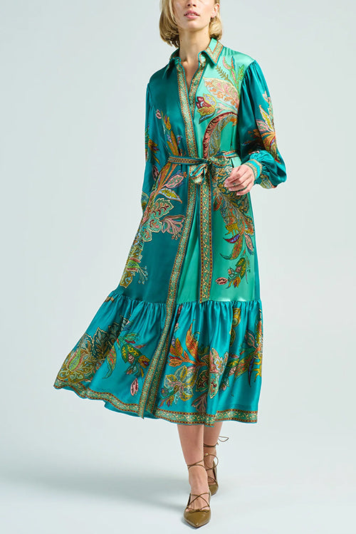 Rosiedress Long Sleeves Tie Waist Unique Print Ruffle Midi Shirt Dress