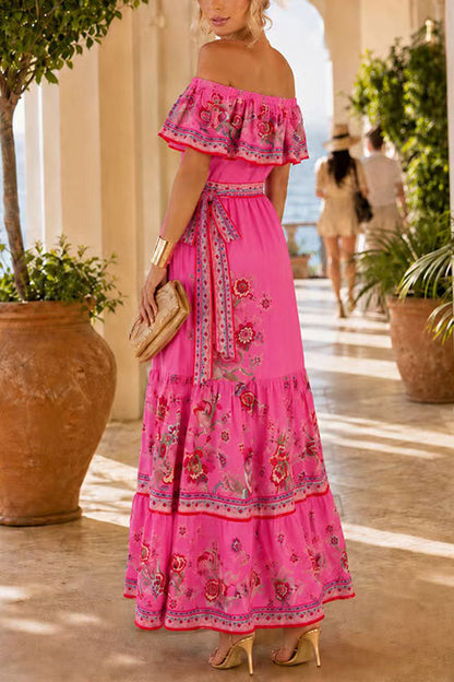 Off Shoulder Floral Print Ruffle Tiered Maxi Dress