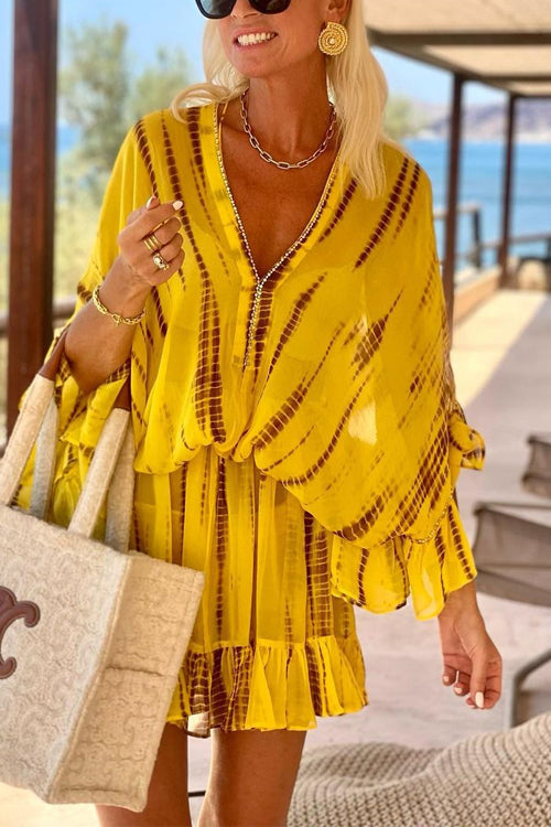 V Neck Batwing Ruffle Sleeves Tie Dye Mini Dress Yellow