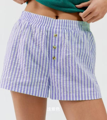 Elastic Waist Buttons Detail Striped Shorts