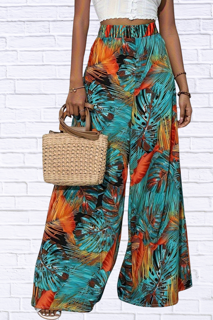Tropical Print Wide Leg Pants