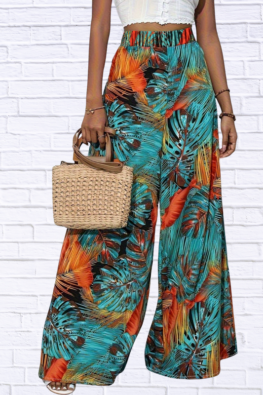 Tropical Print Wide Leg Pants