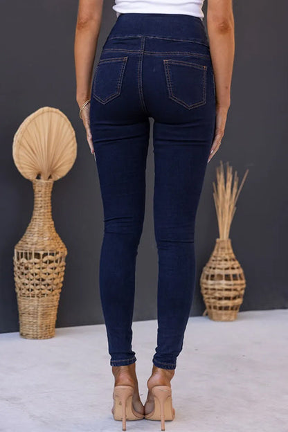 High Rise 3 Buttons Skinny Pencil Jeans