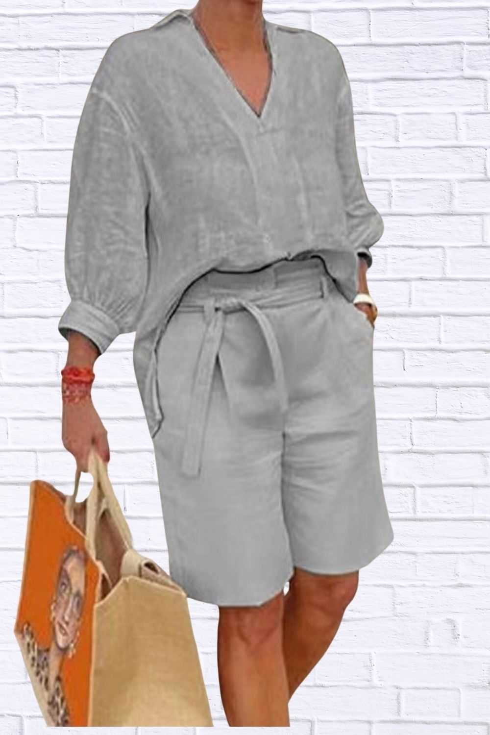 Plus Size Johnny Collar Top & Shorts Set for Women | 3/4 Sleeve Casual Matching Outfit | Comfortable Loungewear & Summer Set