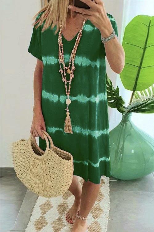 V Neck Short Sleeve Tie Dye Stripes T-shirt Dress Green