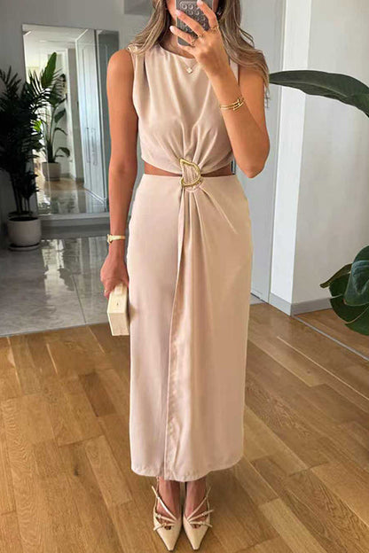 Crewneck Sleeveless Cut Out Waist Maxi Dress