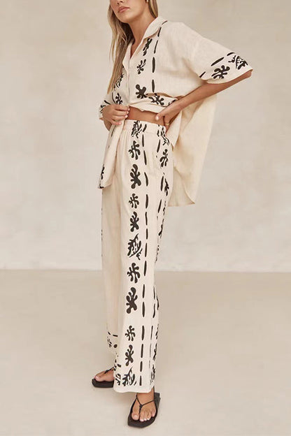 Rosiedress Cotton Linen Short Sleeves Button Down Shirt Elastic Waist Wide Leg Pants Printed Set