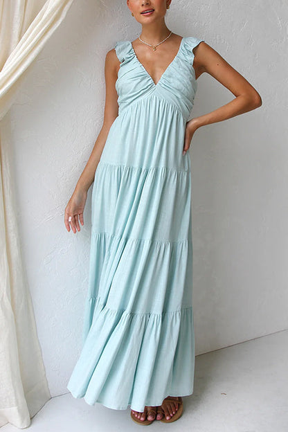 Rosiedress V Neck Ruffle Trim Tiered Sleeveless Linen Maxi Dress Sky Blue