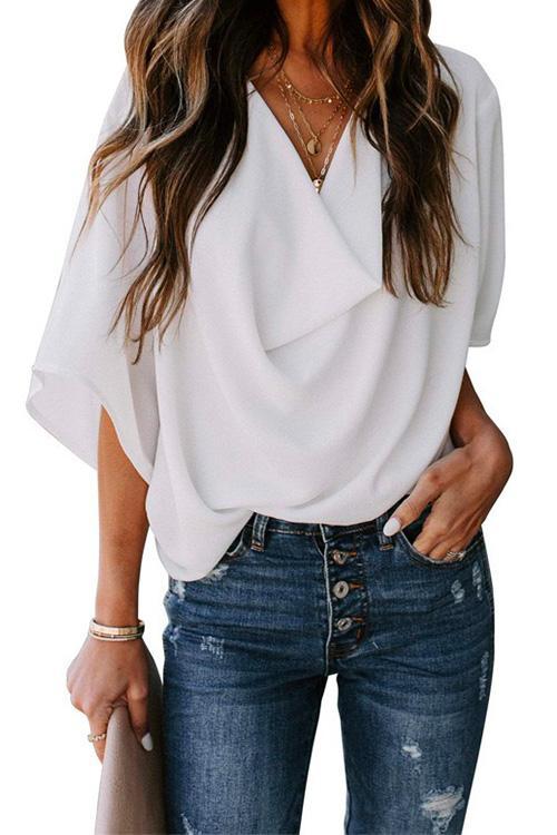 Cowl Neck Short Sleeve Drape Chiffon Shirt White