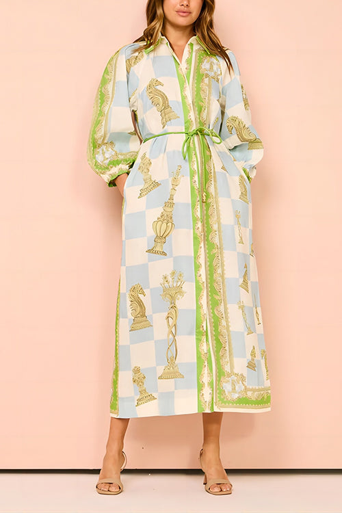 Rosiedress Button Down Tie Waist Pocketed Unique Print Midi Shirt Dress Light Green