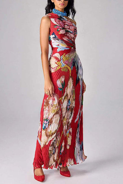 One Shoulder Sleeveless Cut Out Waist Floral Print Maxi Dress