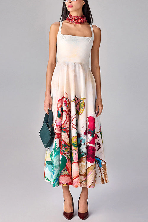 Square Neck Sleeveless Floral Print Midi Dress