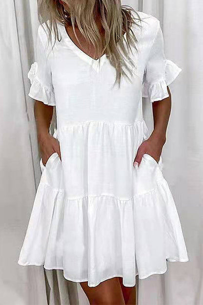 V Neck Ruffle Sleeves Pocketed Swing Mini Dress White