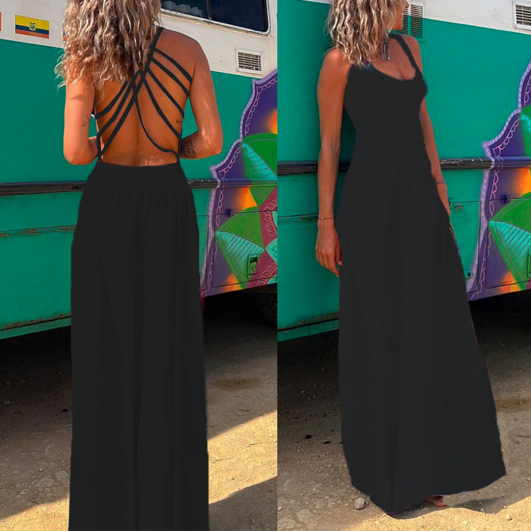 Solid Criss Cross Backless Maxi Cami Dress Black