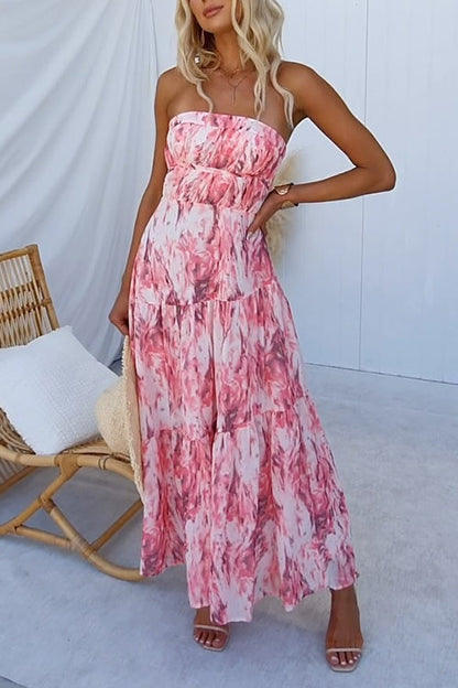 Strapless Open Back Tiered Printed Maxi Dress Pink