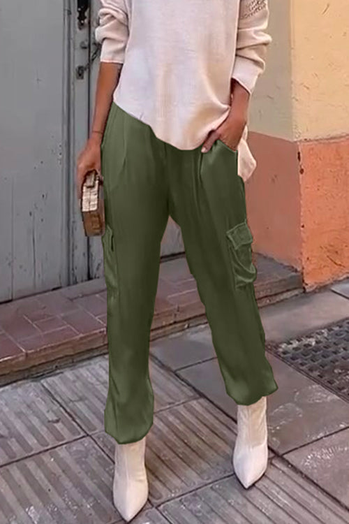 Casual Pocketed Cargo Satin Jogger Pants ArmyGreen