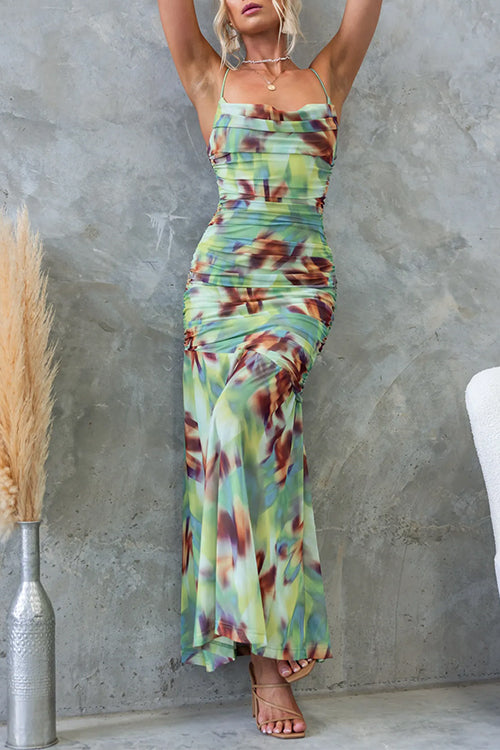 Spaghetti Strap Ruched Ruffle Printed Maxi Dress