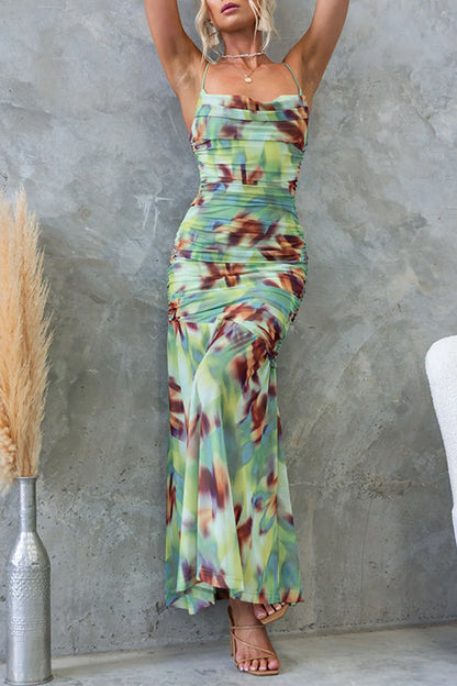 Spaghetti Strap Ruched Ruffle Printed Maxi Dress