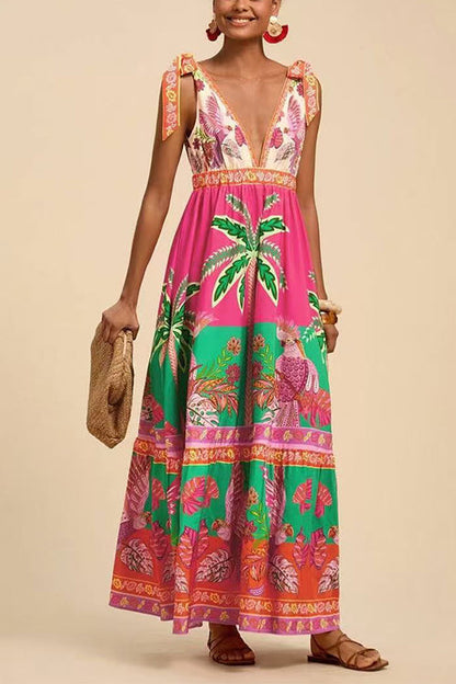 Bow Shoulder V Neck Sleeveless Printed Maxi Vacation Dress