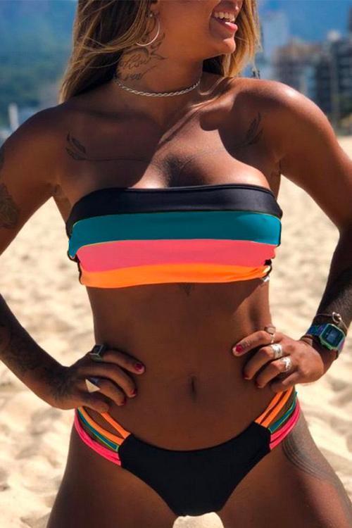 Rainbow Striped Tube Top Bandeau Bikini Set 3