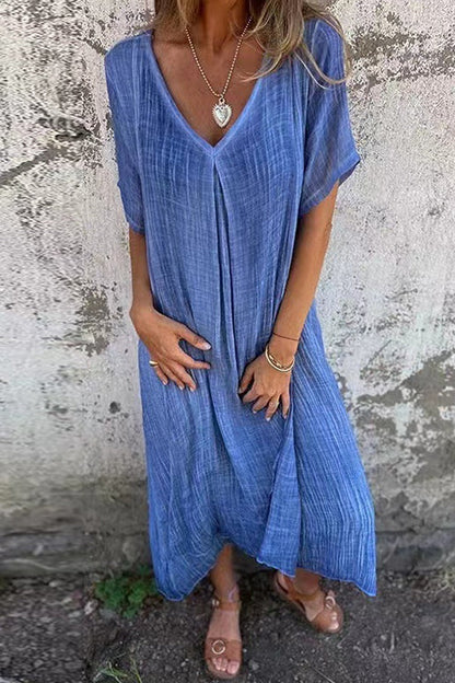V Neck Loose Fit Cotton Linen Midi Dress Blue