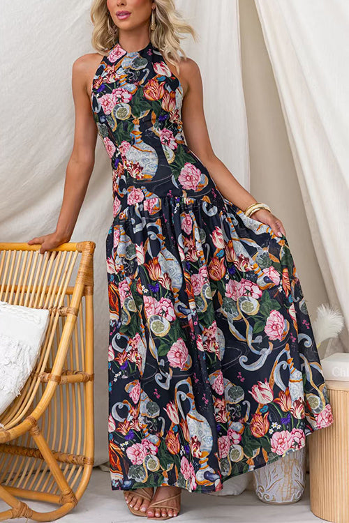 Halter Neck Floral Print Swing Maxi Dress