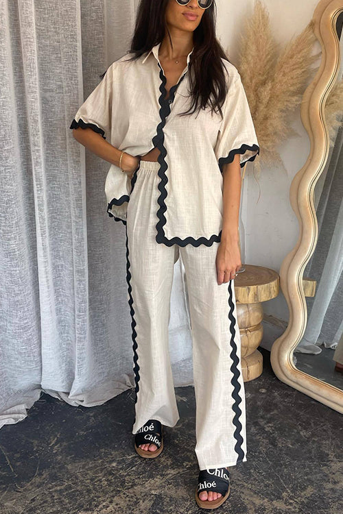 Ric Rac Short Sleeves Button Up Shirt Elastic Waist Pants Set Apricot