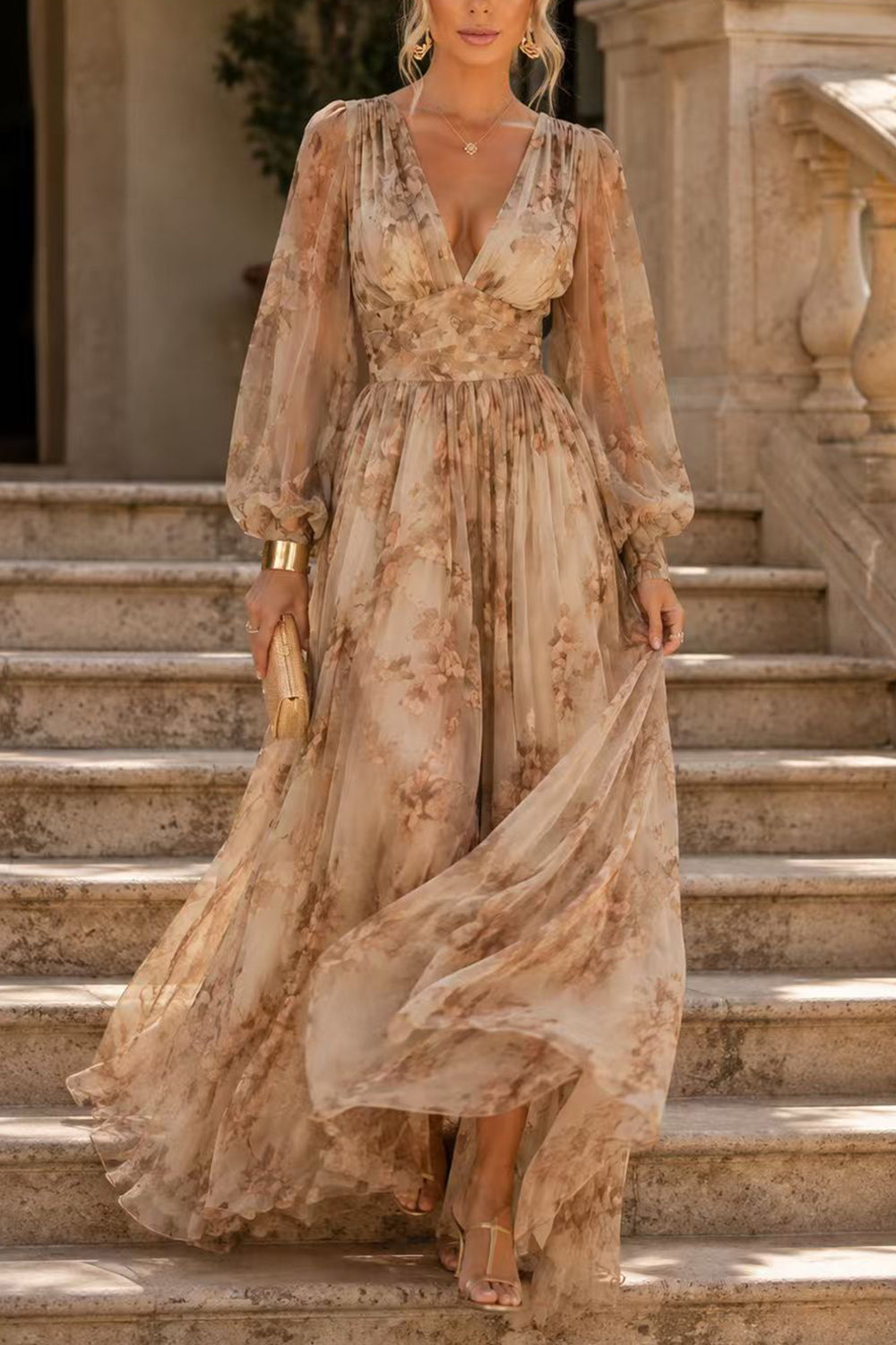 Puff Long Sleeves Waisted Floral Print Maxi Dress