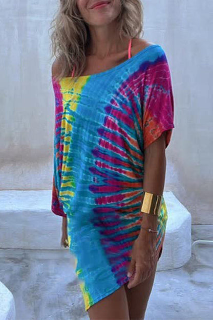 Rosiedress Cold Shoulder Short Sleeve Tie Dye Mini Dress Tie Dye