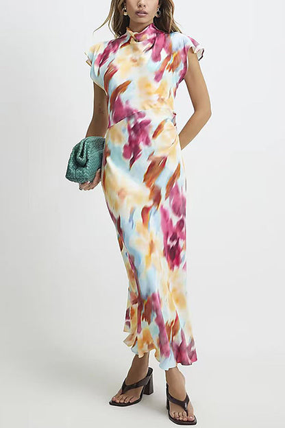 Cowl Neck Short Sleeves Tie Dye Maxi Dress