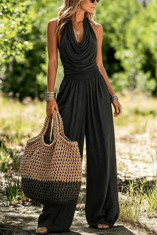 Halter Cowl Neck Sleeveless Top Elastic Waist Wide Leg Pants Set