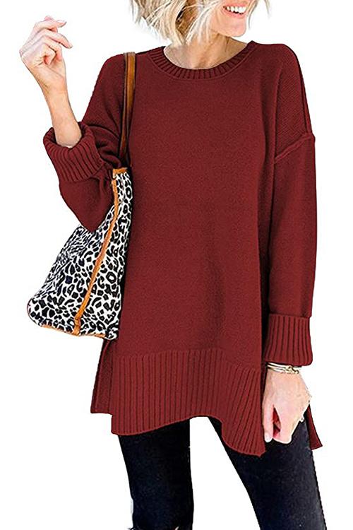 Rosiedress Drop Shoulder Side Split Loose Sweater Burgundy