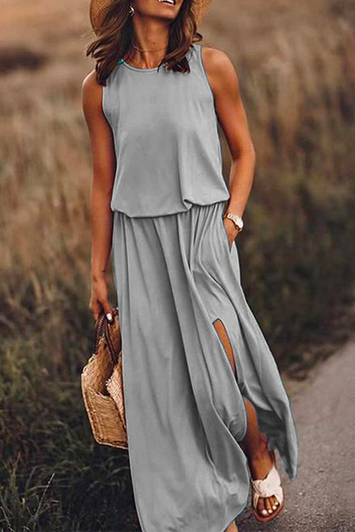 Sleeveless Waisted Slit Maxi Tank Dress Gray