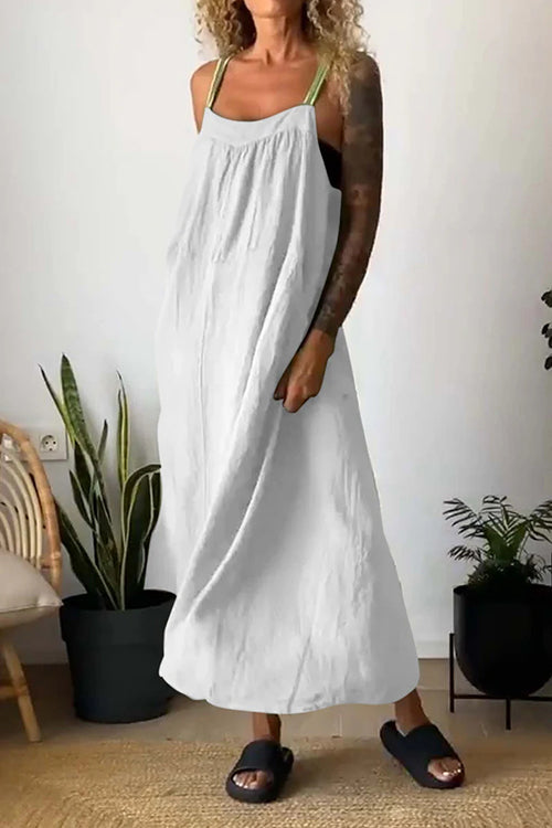 Color Block Casual Cotton Linen Maxi Beach Dress White