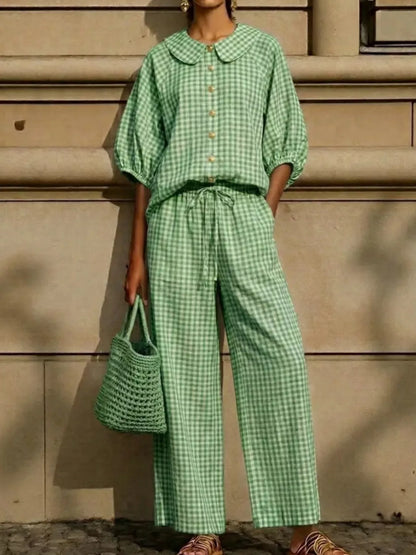 Full Size Plaid Button Up Shirt and Pants Set Plus Size