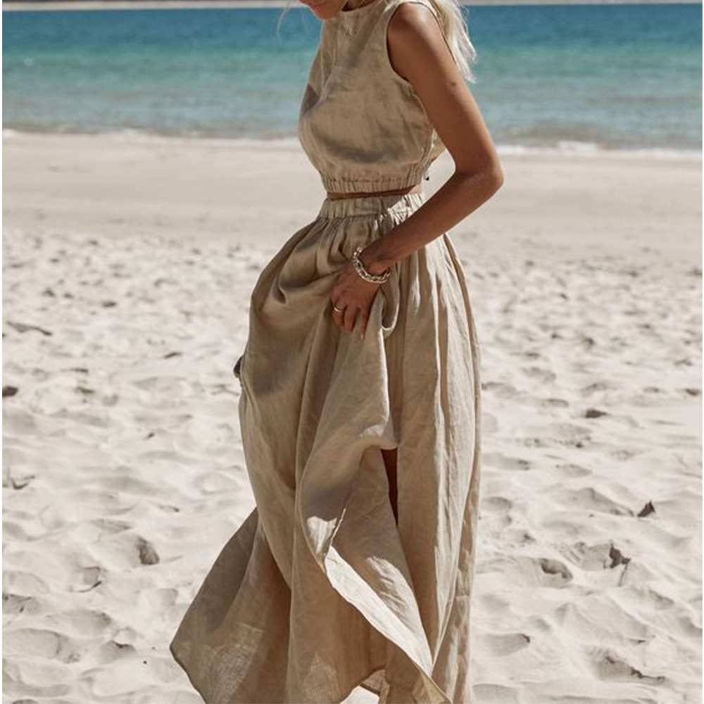 Oat Linen Side Slit Two-pieces Set