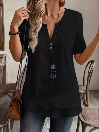 Notched Short Sleeve Blouse