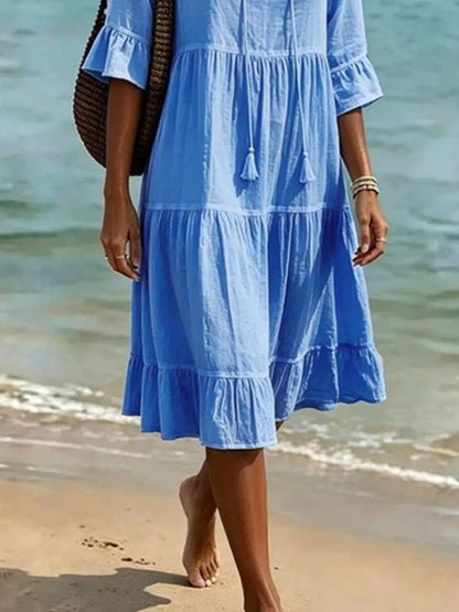 Full Size Tiered Tie Neck Flounce Sleeve Dress Plus Size