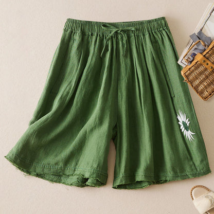 5-Color Thin Retro Daisy Embroidered Casual Shorts