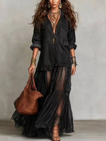Full Size Tiered Long Sleeve Denim Shirt Maxi Dress Plus Size